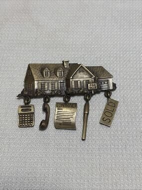 Jonette Jewelry Real Estate House Brooch Pin 2.5" Dangle Charms Bronze
